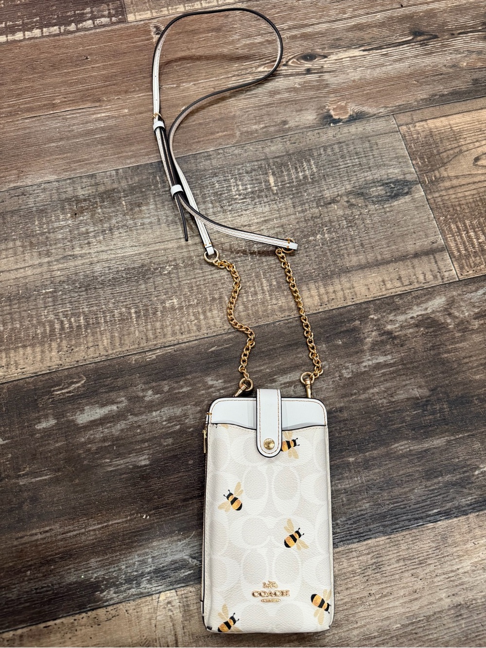 Coach Cream Bee-Print Crossbody Phone Wallet with Gold Chain